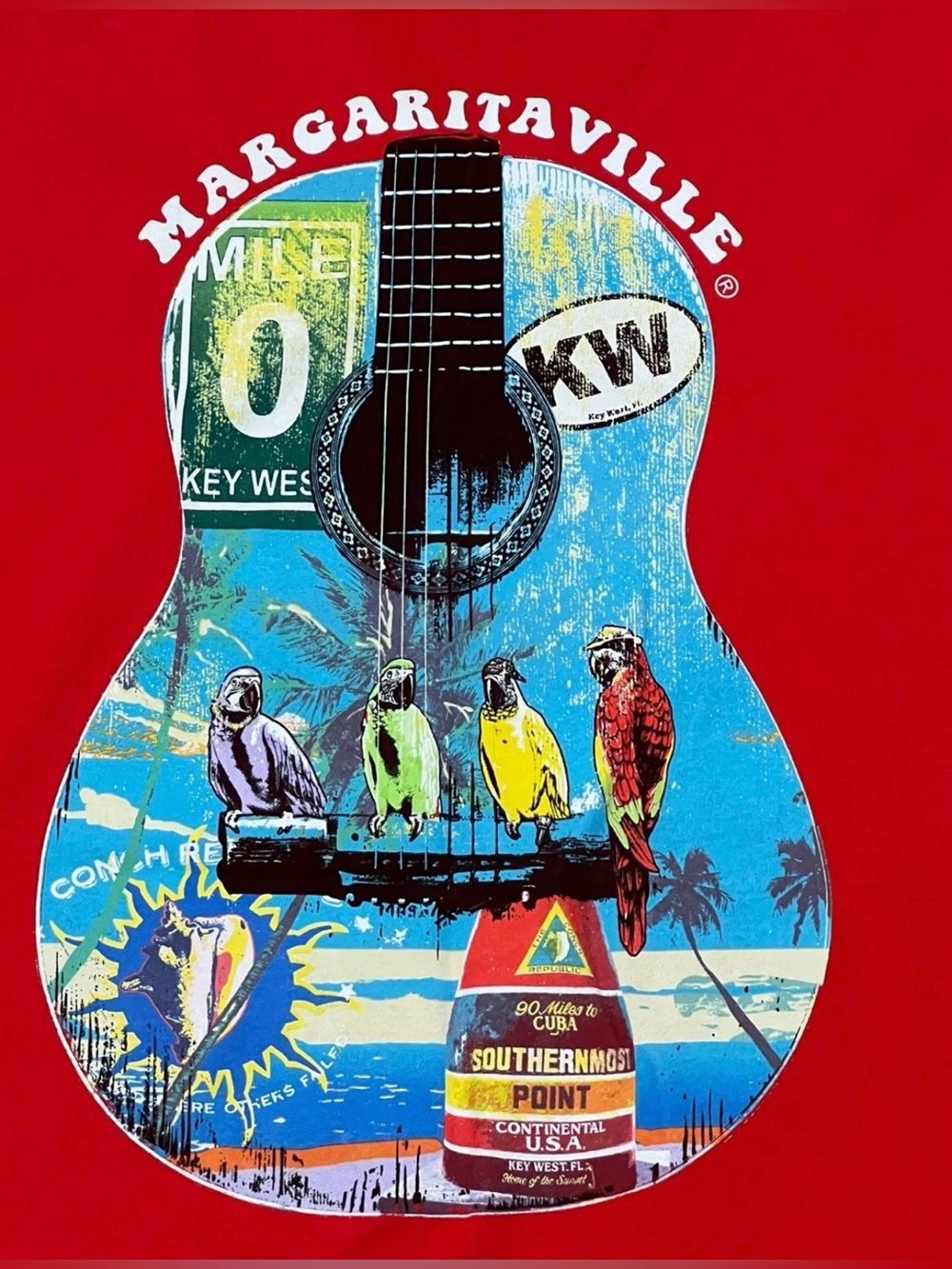2XL Men MARGARITAVILLE KEY WEST Tee Shirt Top 2-Side Jimmy Buffett Guitar Parrot
